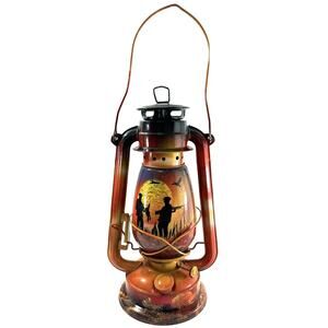 Vintage Hand-Painted Metal Hurricane Lantern – Hunting Scene – 12”